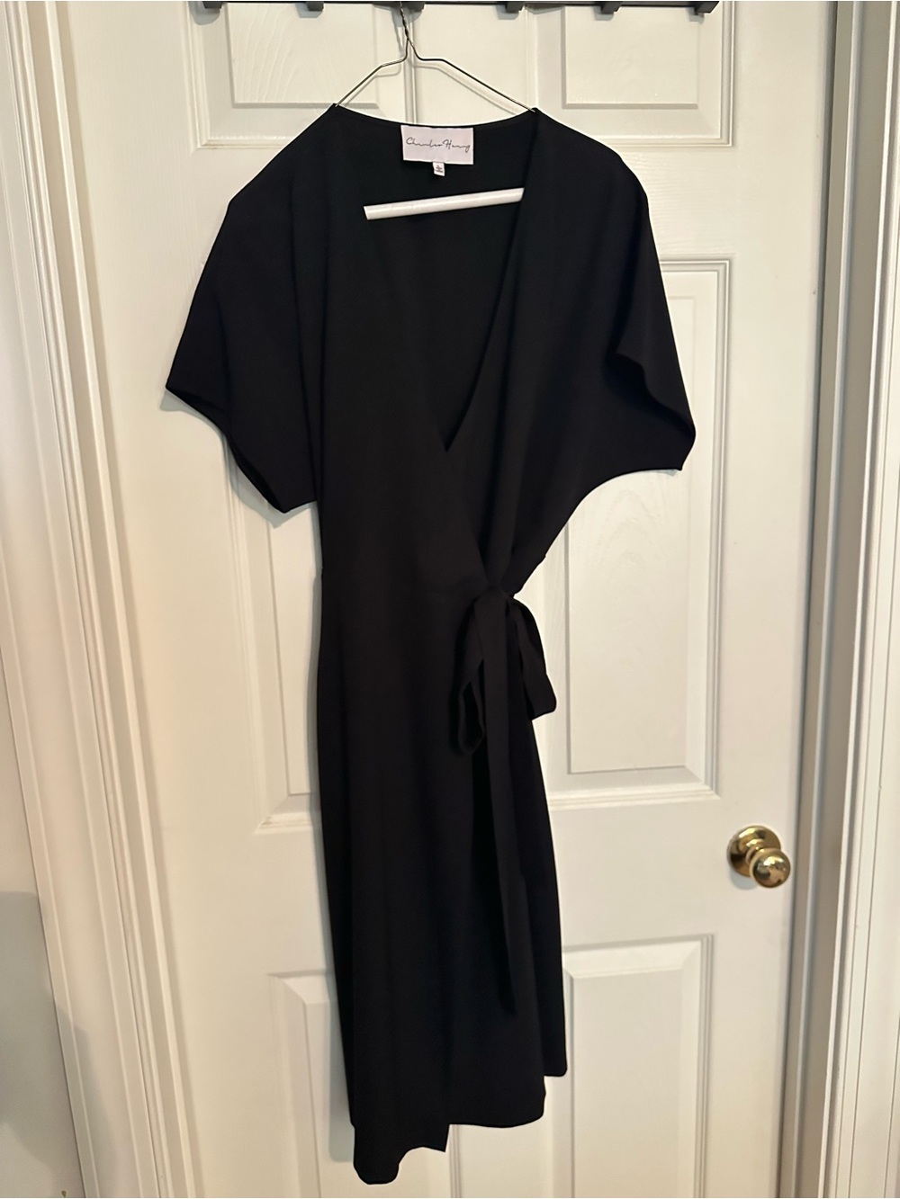 Charles Henry Black Wrap Midi Dress with Tie Waist